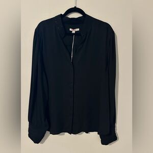 Chico’s Black Long Sleeve Button Up Top SZ 4 US 20 Rhinestone Collar Ruched Cuff